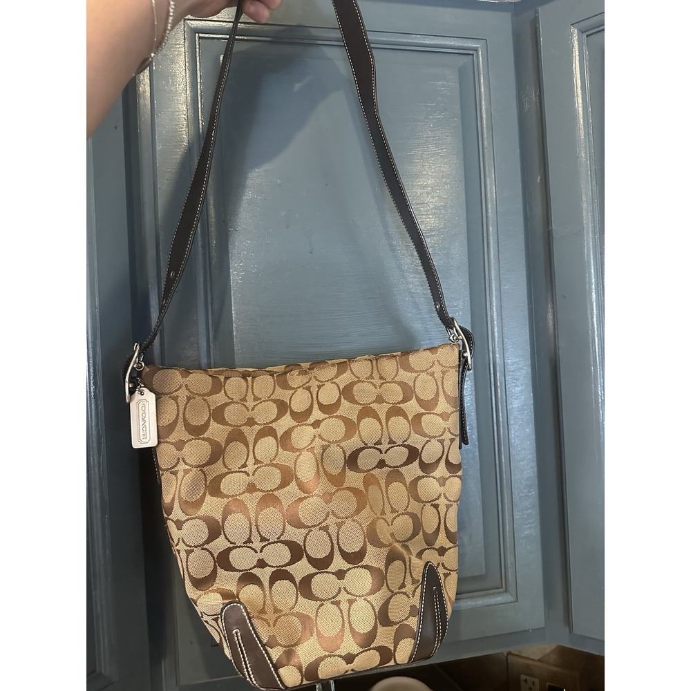 Coach Signature C Jacquard Large Shoulder Hobo Bag Brown Leather Style 6076